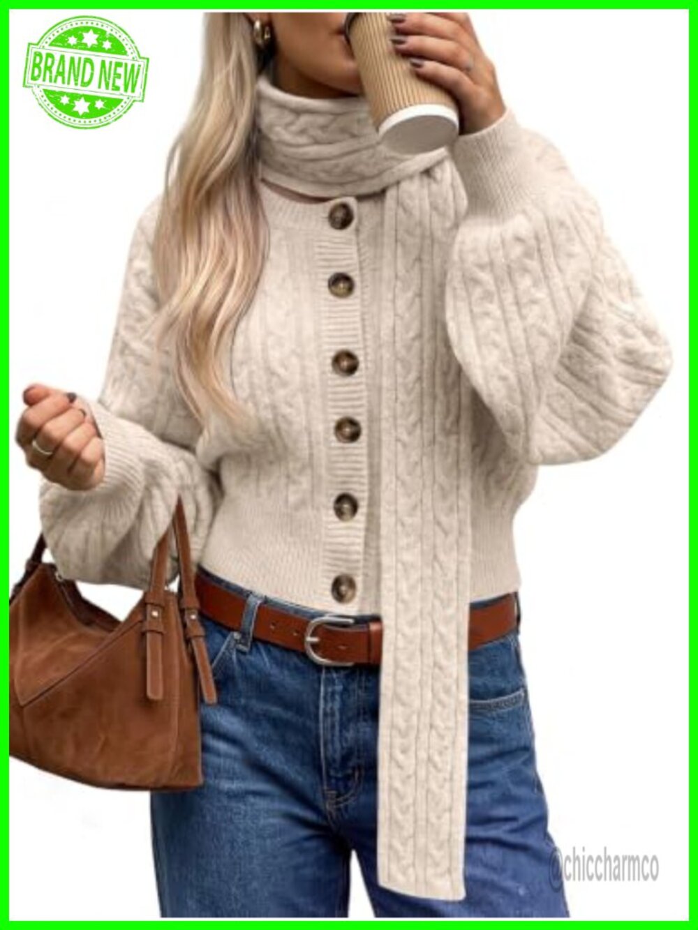 Women's Cable Knit Button Up Cropped Cardigan Sweater with Scarf